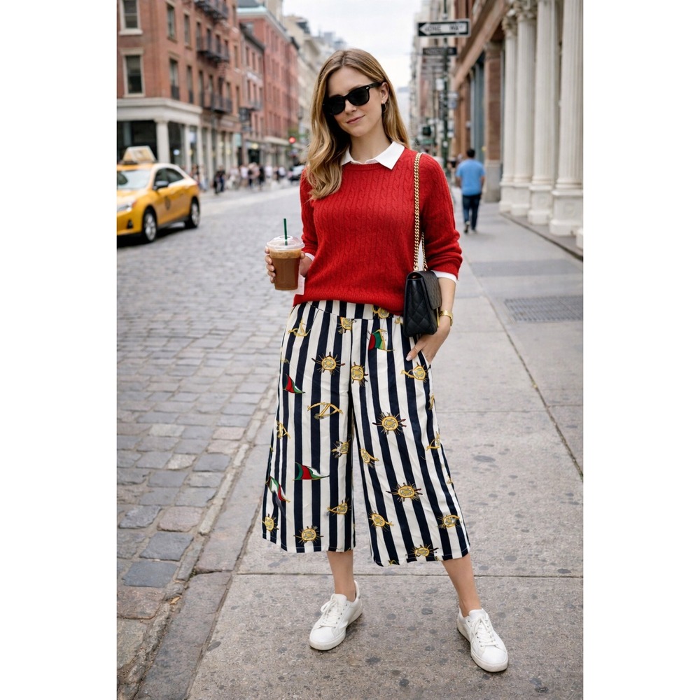 Vintage Nautical Print Culottes Wide Leg Gaucho Pants‎ Sailor Striped Coastal S